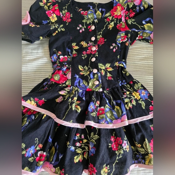 Vtg 90s Eve Too Byer California Black Floral Button Down Ruffle Dress Sz 5T Bows - Picture 2 of 8